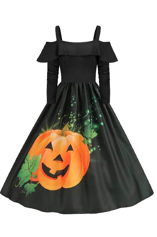 Halloween Pumpkin Printed Black Cold Shoulder VIntage Dress