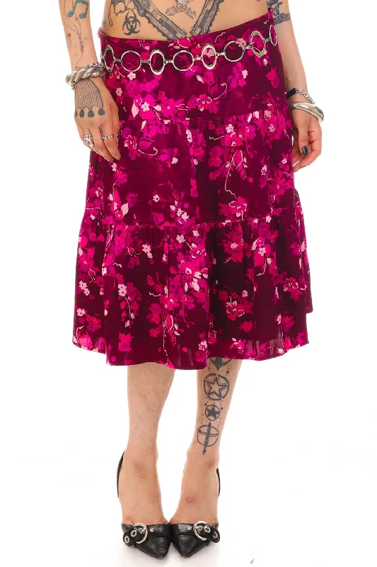 Vintage Y2K Purple Floral Silk Tiered Midi Skirt - M/L