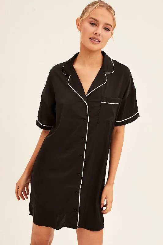 Black Nightgown Short Sleeve Collared Mini Satin